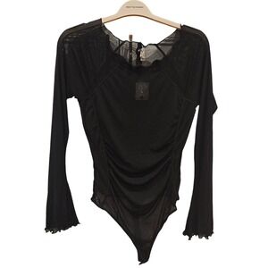 Free People Intimately Black Sheer Mesh Ruffle Long Sleeve Bodysuit L goth fairy